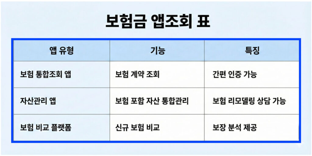 보험 통합관리 앱 비교 화면 예시 보험 가입내역 조회 및 보장 분석 기능 설명